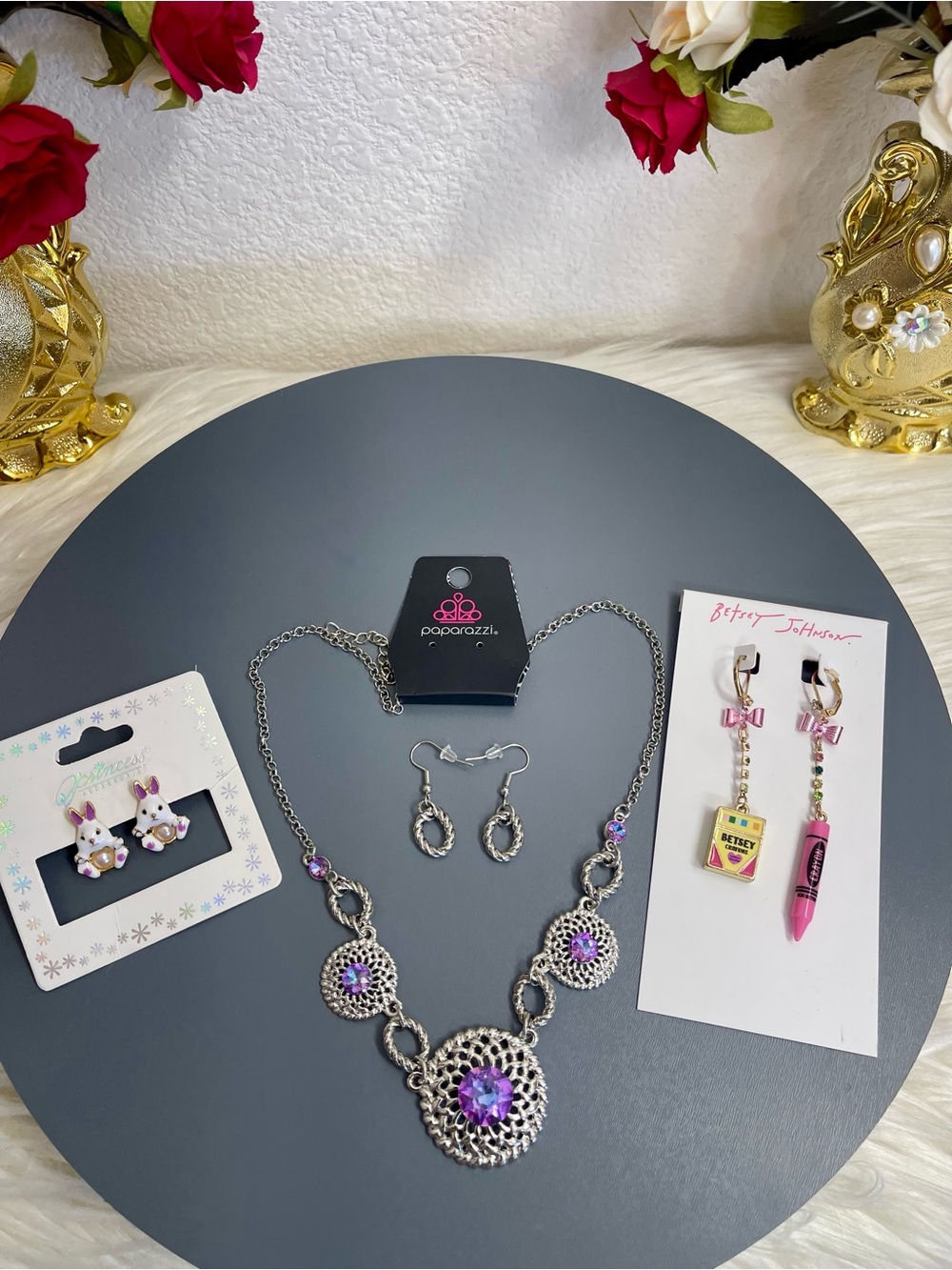 4 Cute Sets of Earrings and Necklace; Betsey Johnson, Paparazzi, Princess Bunny
